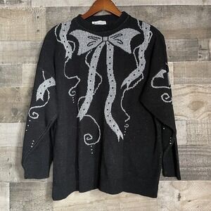 Vtg 1988 A Jane Adams Sweater Black Metallic Silver Bow & Ribbons Holiday 3/4 Sl